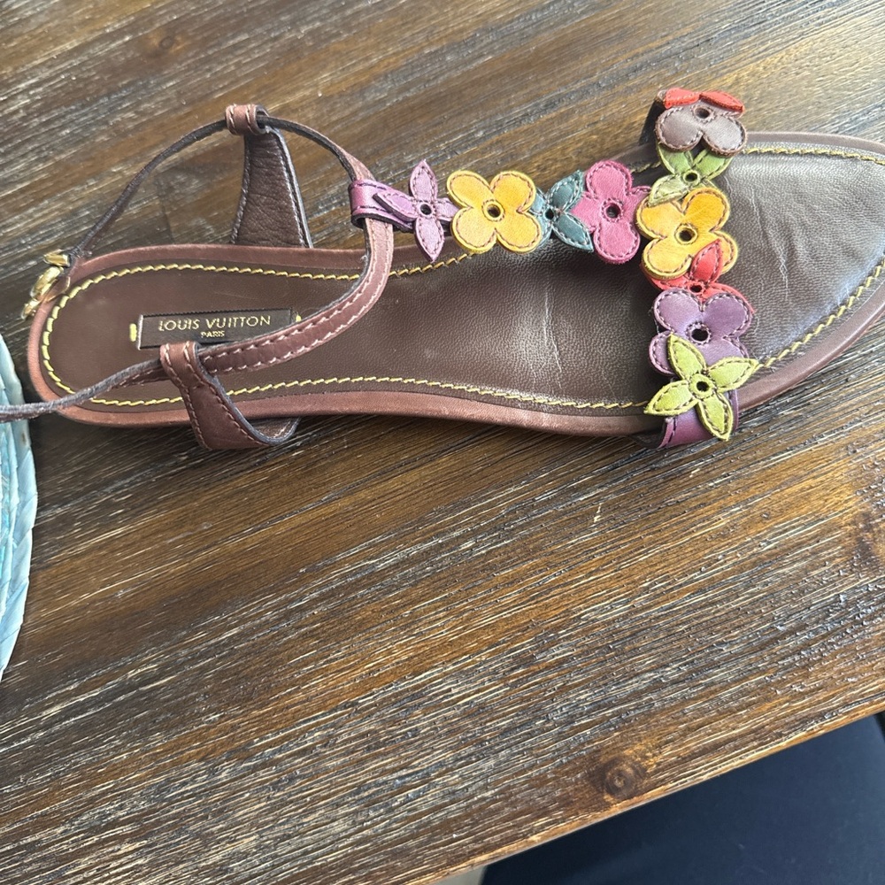 Louis Vuitton Brown Leather Sandals with Floral Details